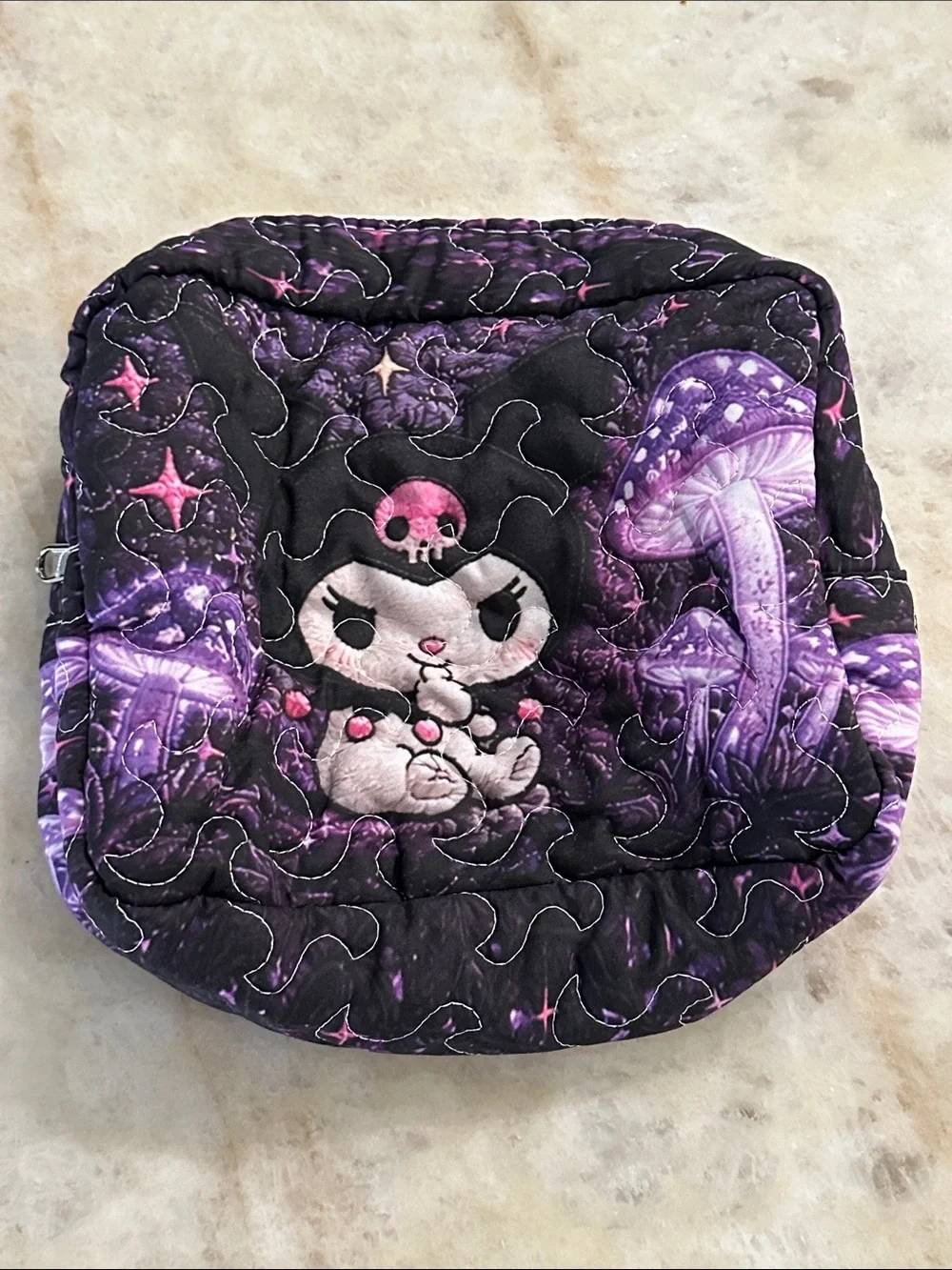 Sanrio Kuromi Purple Quilted Cosmetic Pouch with Mushroom Print